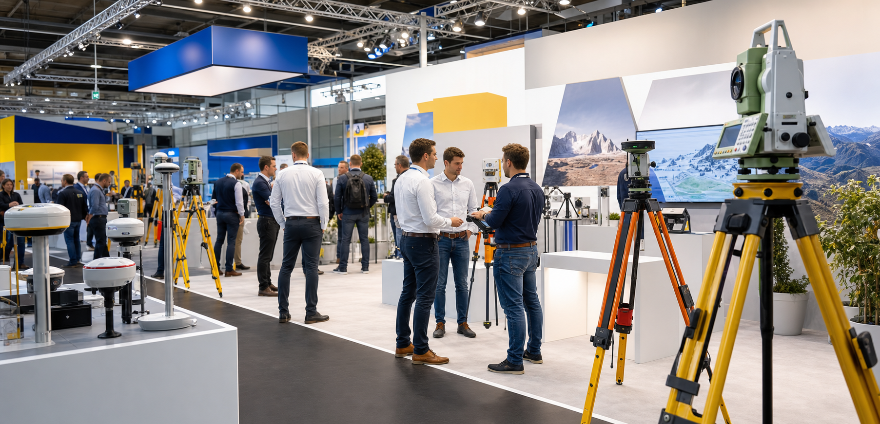 Salon professionnel avec instruments de topographie et stands fournisseurs